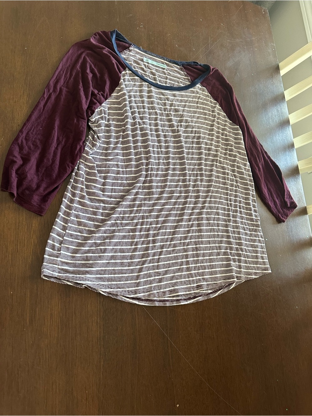 Striped Raglan Baseball Tee with Burgundy Sleeves
